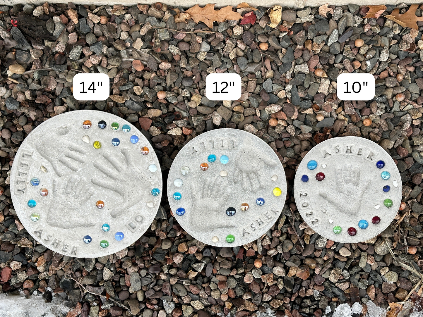 Different sizes available! Here we show our 14 inch, 12 inch, and 10 inch stone options. We also have an 8 inch and even a square option for those that like the more contemporary straight edge look.