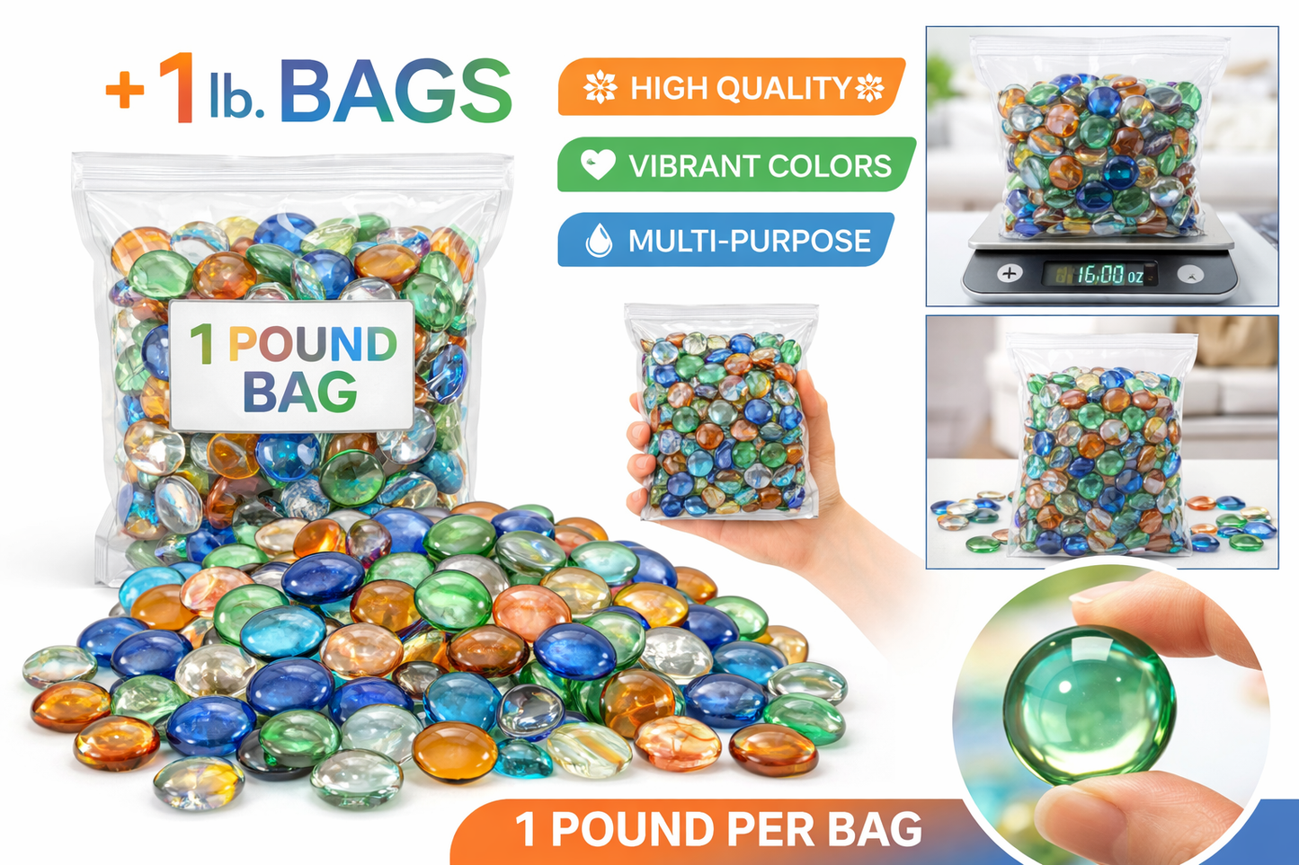 Premium Decorative Glass Gems for Crafts and Decor – Multiple Colors & Sizes (1 -5 lb)