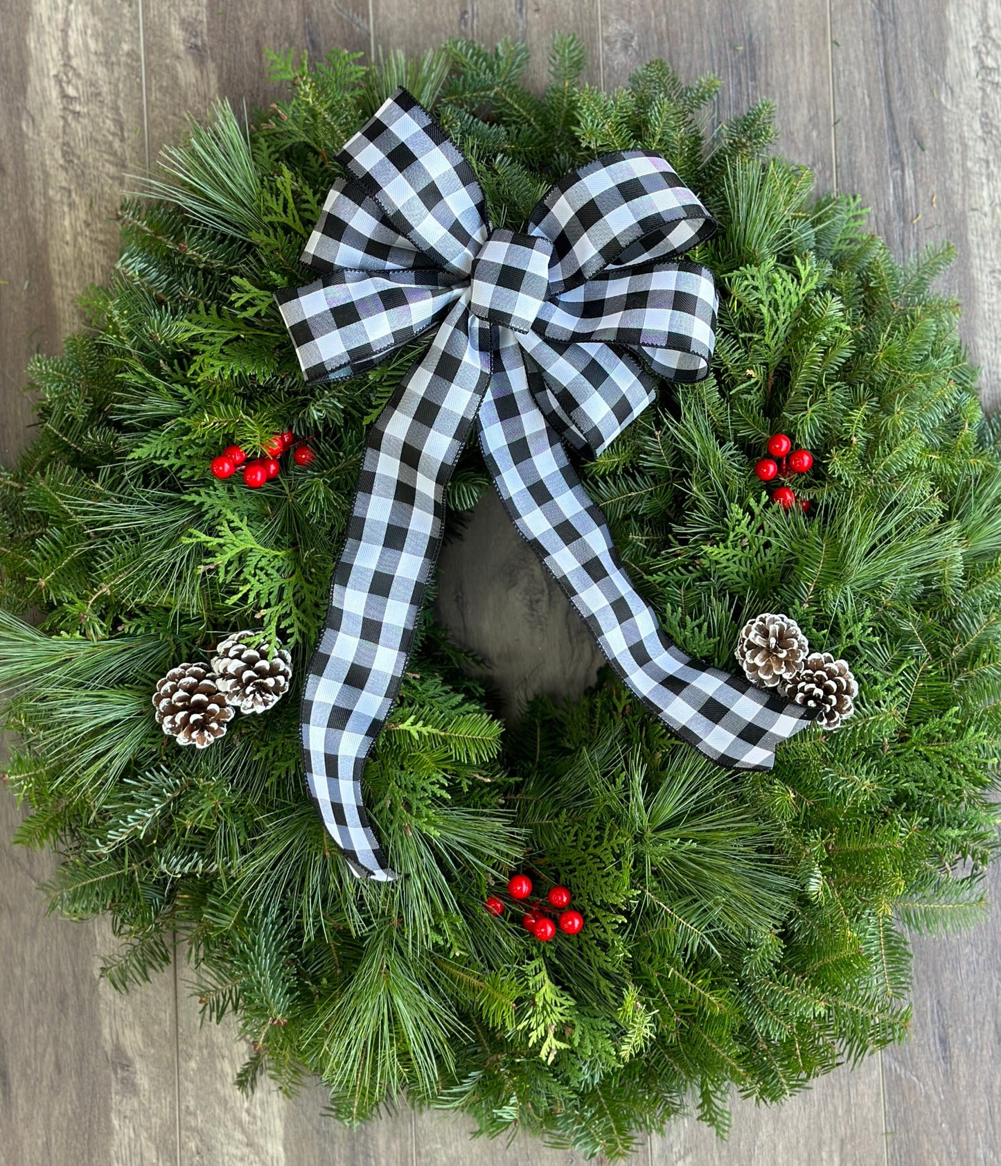 Fresh Mixed Pine Wreath - White Buffalo Plaid