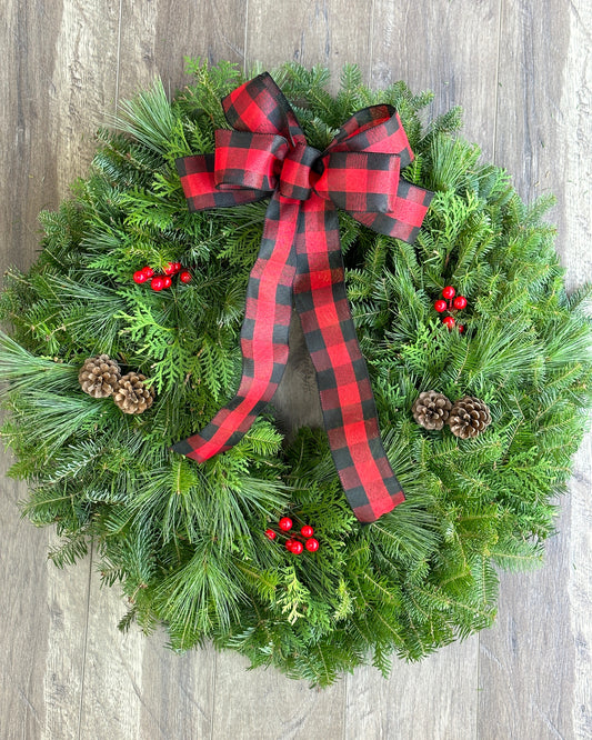 Fresh Mixed Pine Wreath - Red Buffalo Plaid