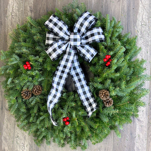 Fresh Balsam Wreath with White Buffalo Plaid Bow