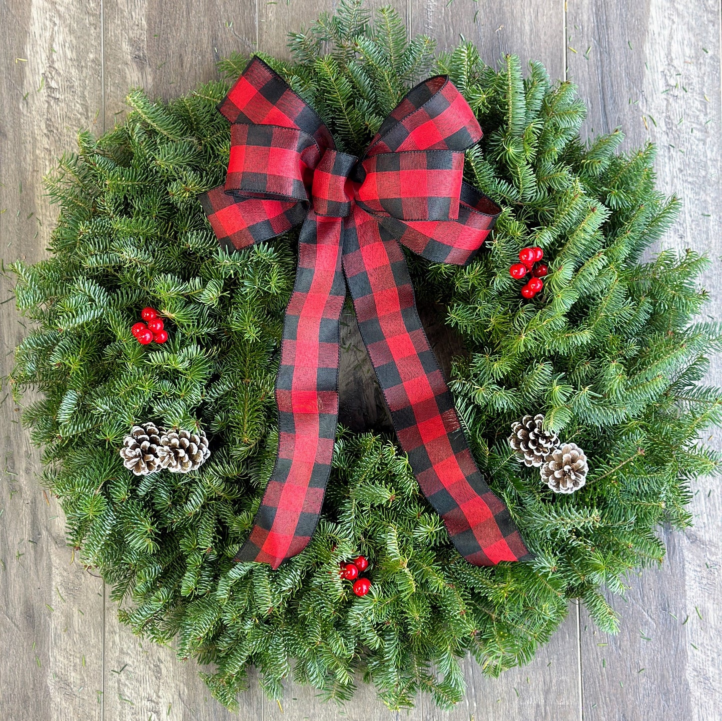 Fresh Balsam Wreath with Red Buffalo Plaid Bow