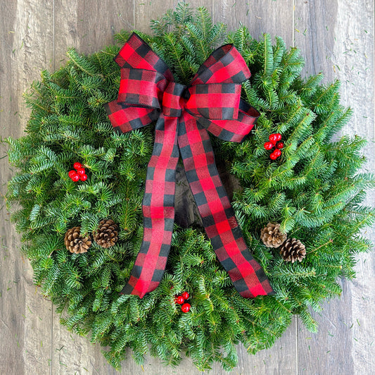 Fresh Balsam Wreath with Red Buffalo Plaid Bow