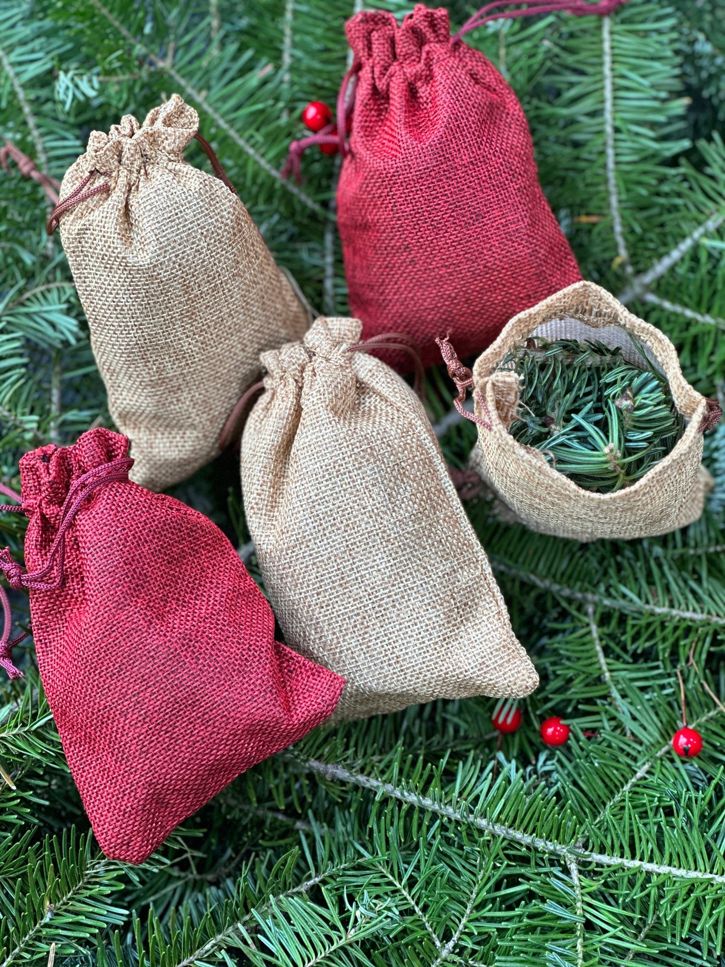 Burlap and Red Balsam Needle Bags